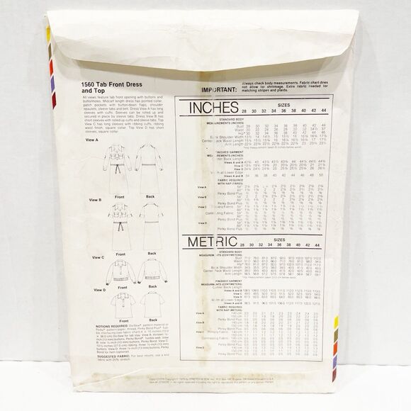 Vintage Stretch & Sew 1560 Tab Front Dress & Top Sewing Pattern UNCUT Sz 28–44 - Picture 2 of 5